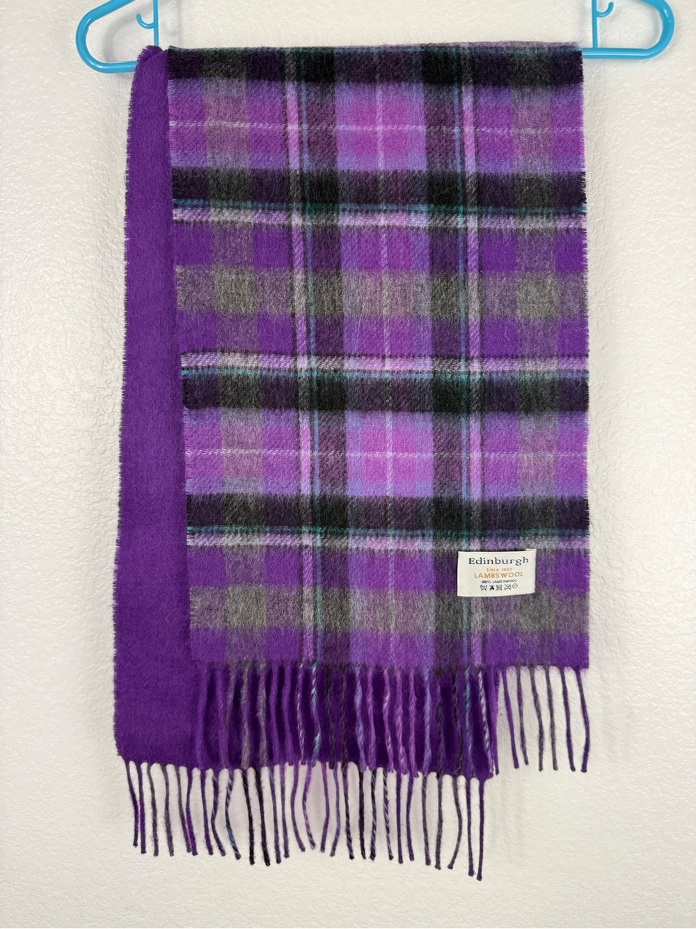 Edinburgh 100% Lambswool Wool Purple Plaid Scarf Large 55" X 9" Scotland